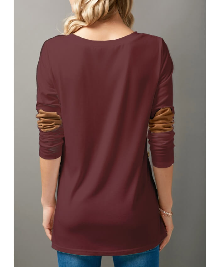 Long Sleeve Patchwork Button Detail T Shirt